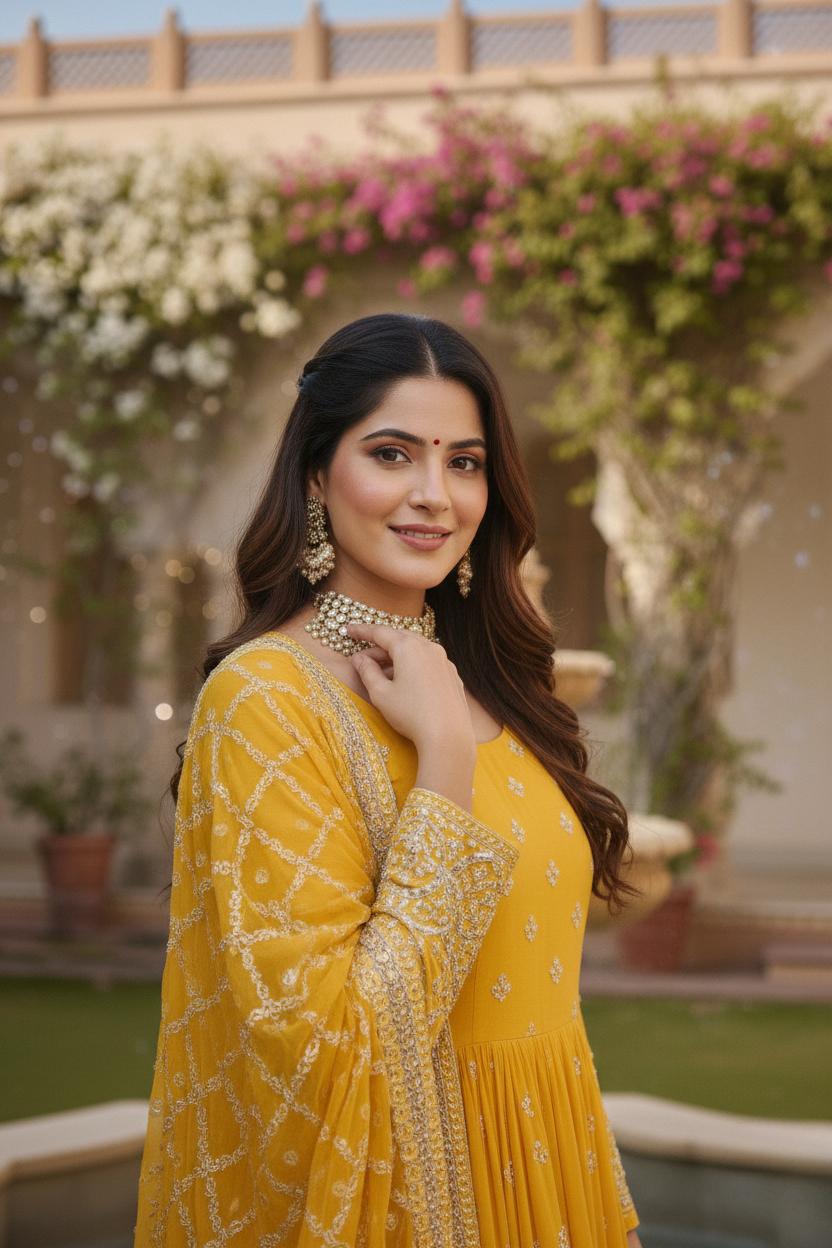 Luxury Yellow Fox Georgette Anarkali Gown with Heavy Embroidery