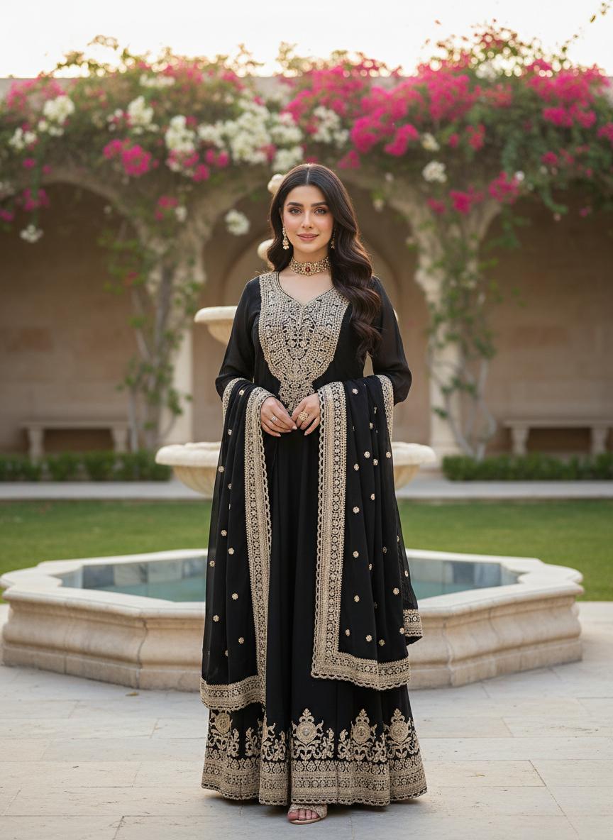 Designer Black Embroidered Gown with Dupatta | Heavy Sequence Festive Wear