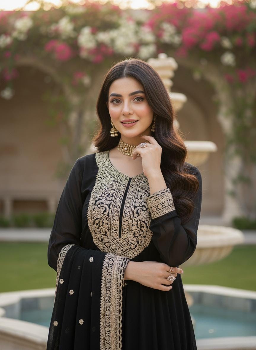 Designer Black Embroidered Gown with Dupatta | Heavy Sequence Festive Wear