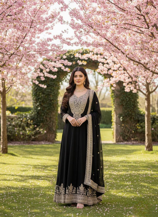 Designer Black Embroidered Gown with Dupatta | Heavy Sequence Festive Wear
