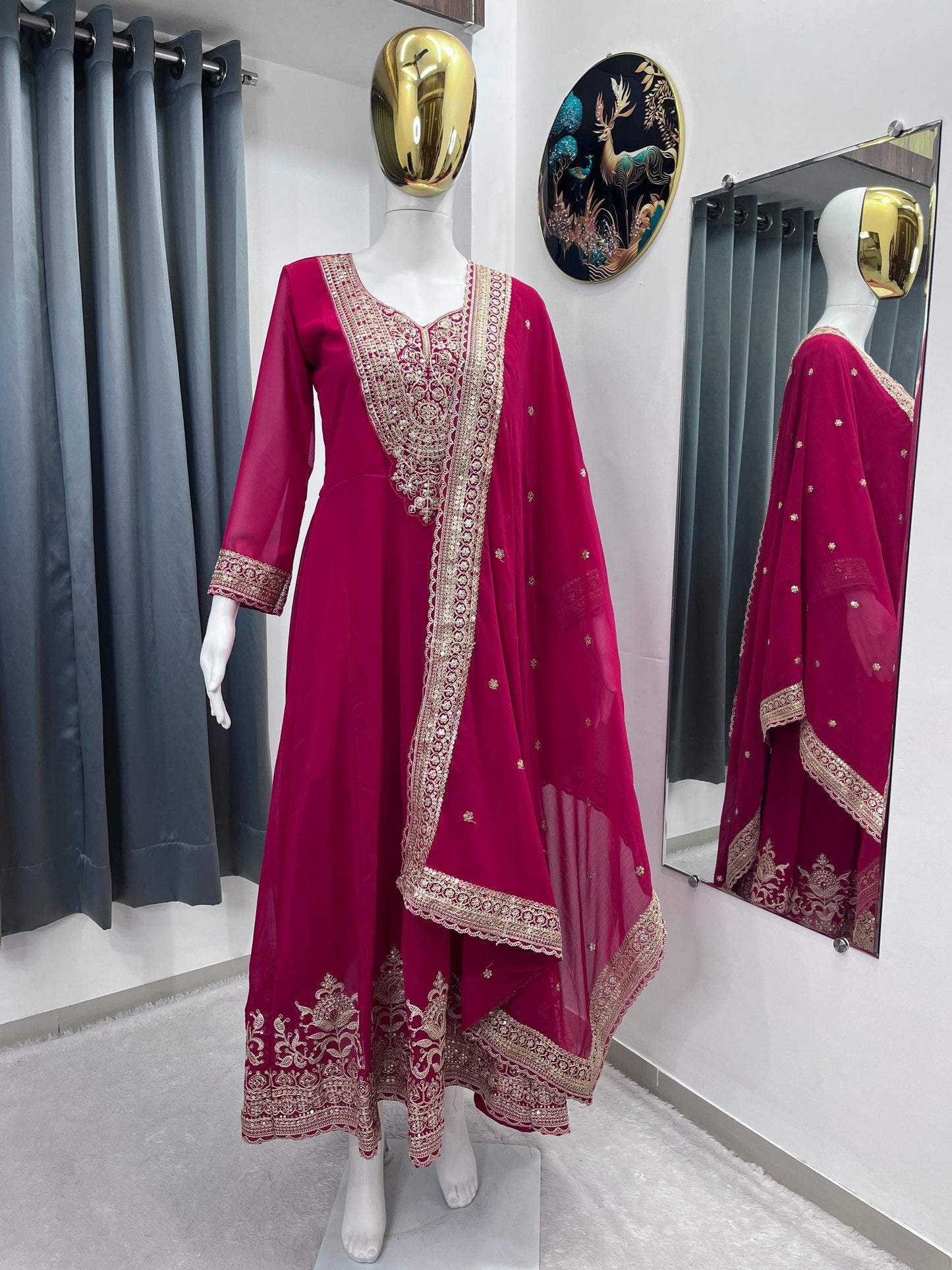 Pink Anarkali Gown Set with Heavy Gold Embroidery