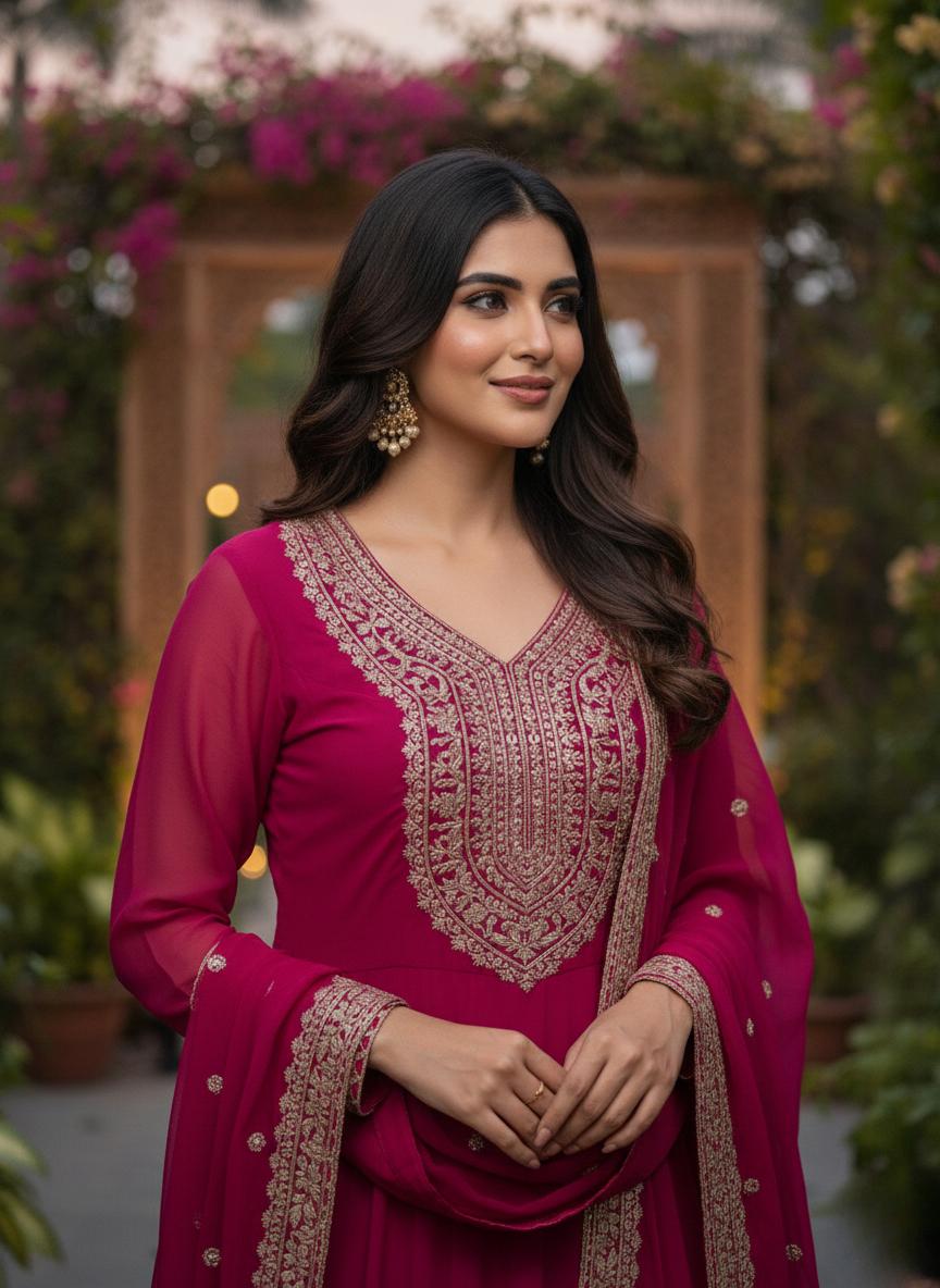 Pink Anarkali Gown Set with Heavy Gold Embroidery
