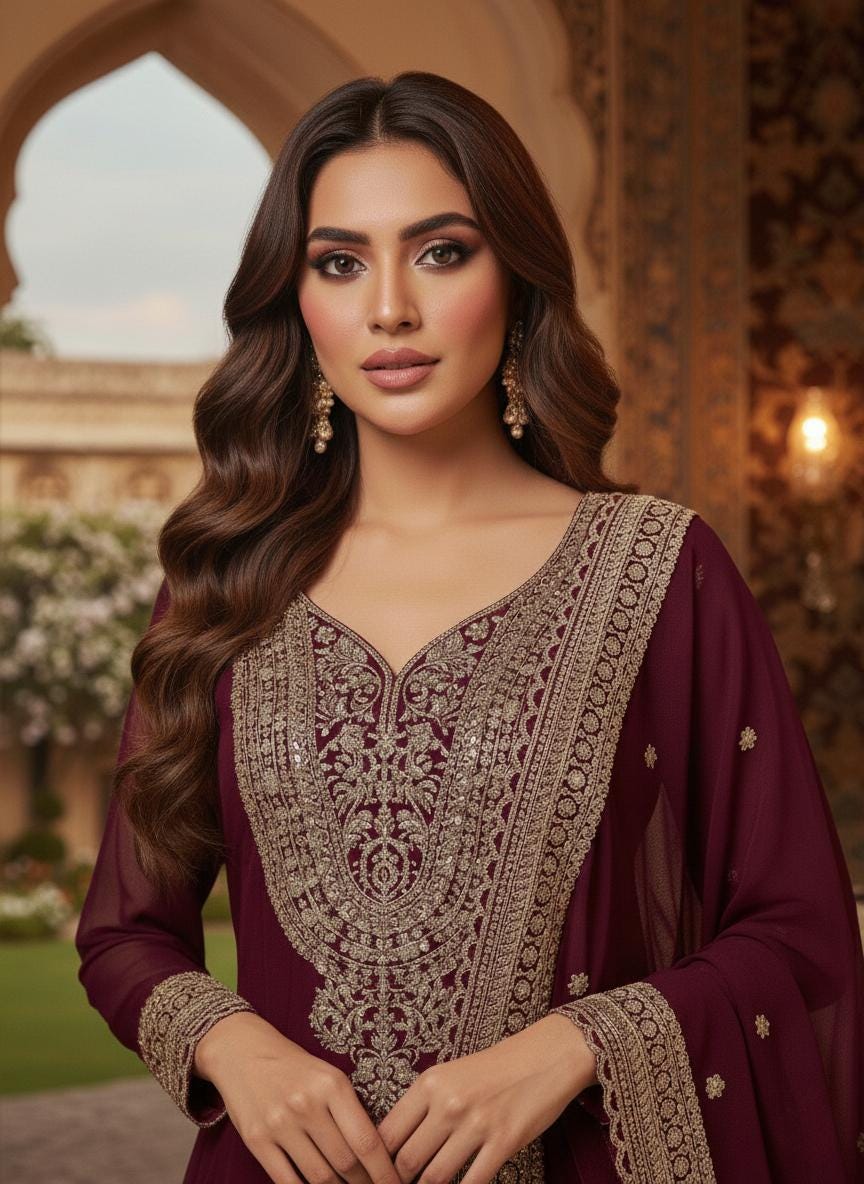Maroon Embroidered Anarkali Gown with Dupatta