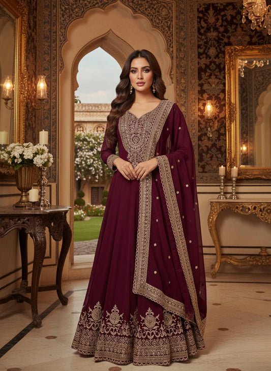 Maroon Embroidered Anarkali Gown with Dupatta
