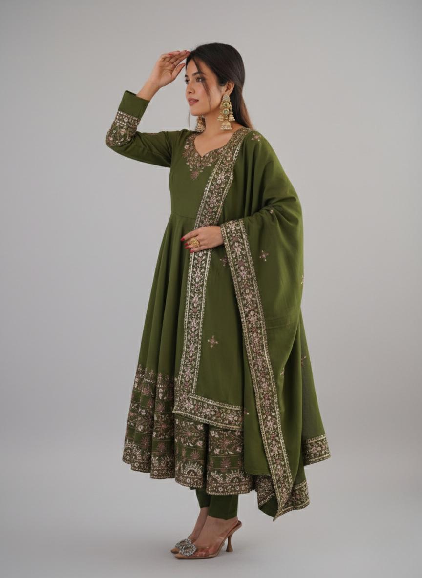 Festive Olive Green Sequence Work Anarkali Three Piece Set