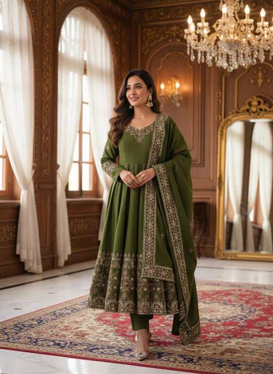 Festive Olive Green Sequence Work Anarkali Three Piece Set