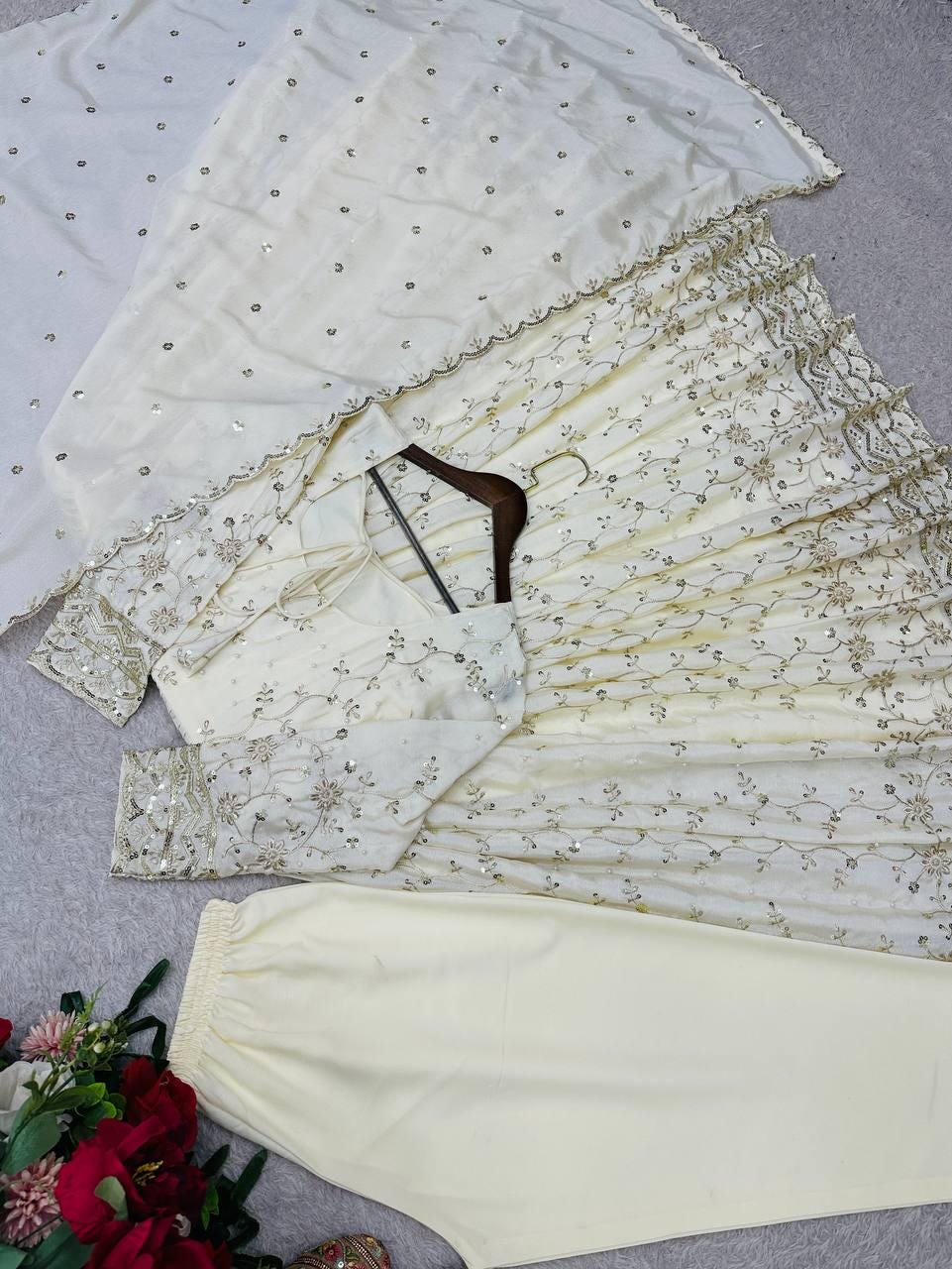 Designer Cream Floor-Length Anarkali Suit with Dupatta