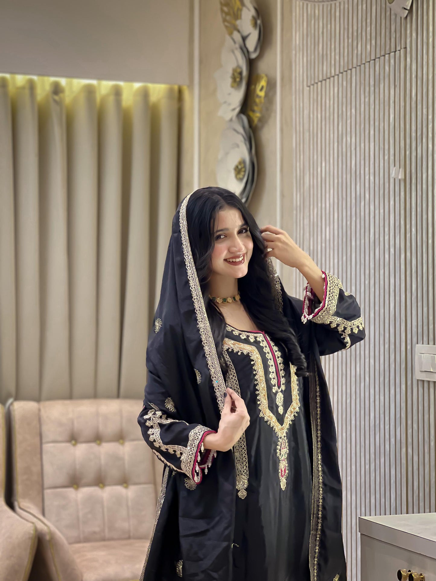Designer Black Silk Palazzo Set & Sequence Embroidery Work With Dupatta Set - Partywear