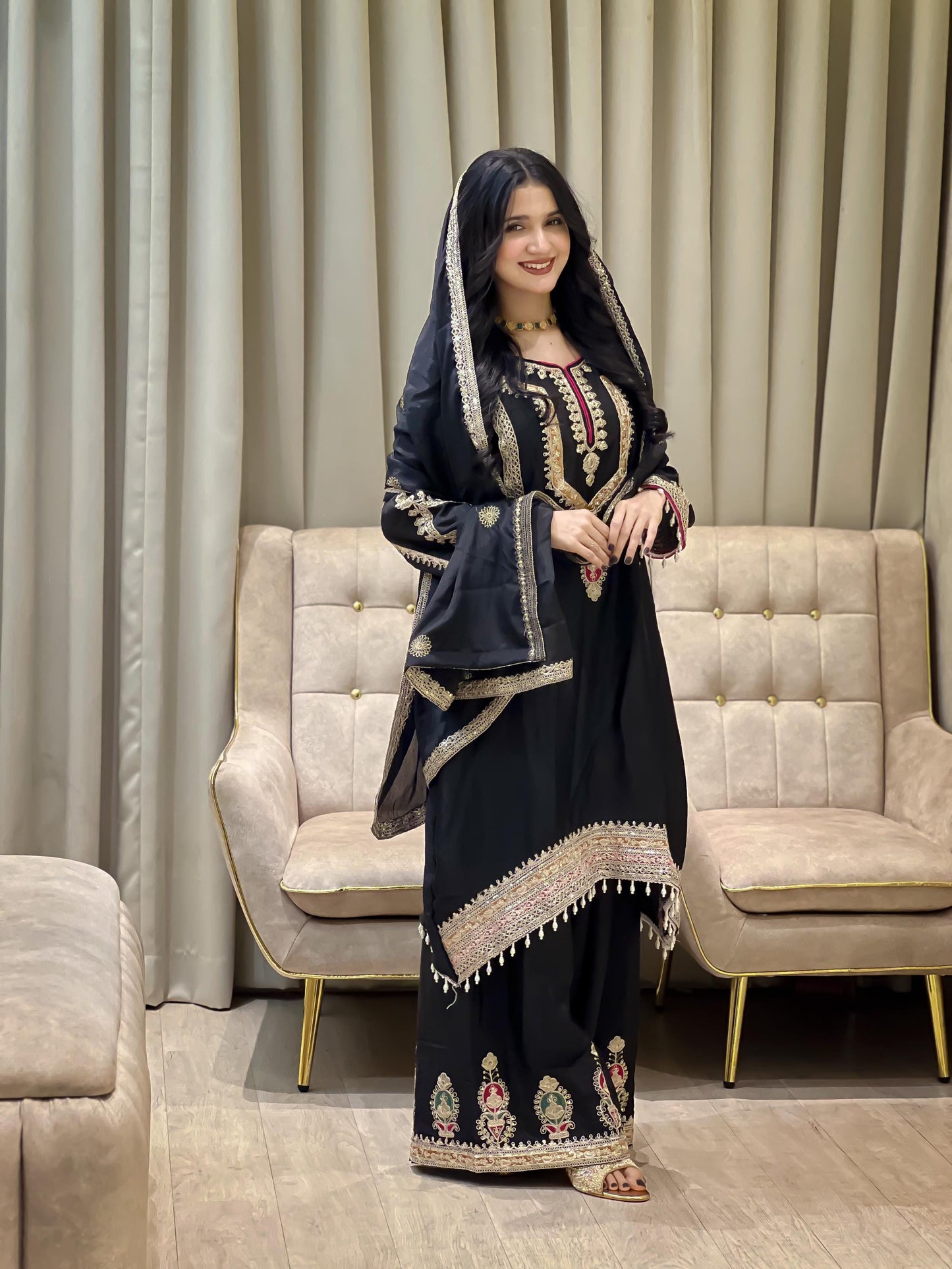 Designer Black Silk Palazzo Set & Sequence Embroidery Work With Dupatta Set - Partywear