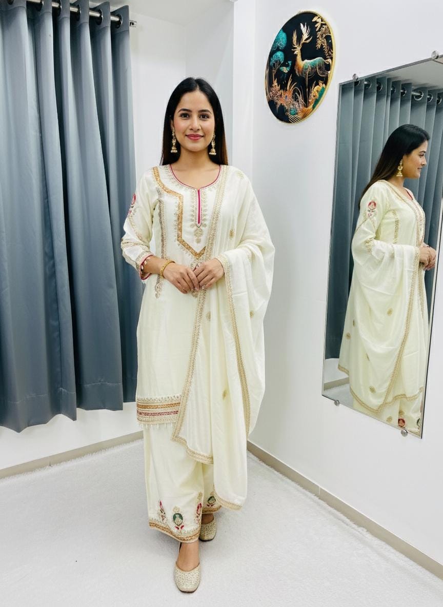 White Chinon Silk Embroidered Kurta Palazzo Set with Dupatta