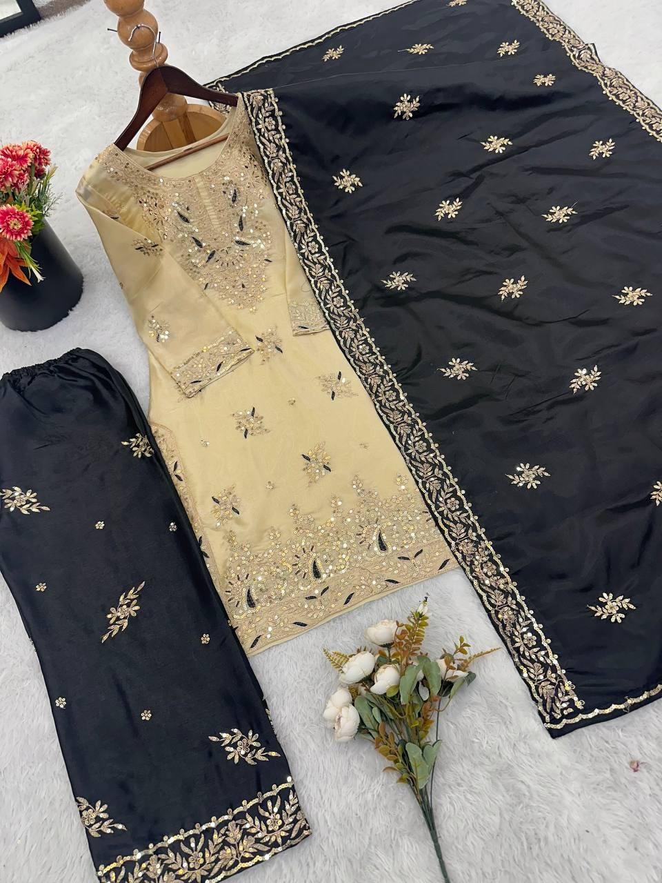 Designer Beige Silk Kurta & Black Palazzo Set With Dupatta With Embroidery Sequence