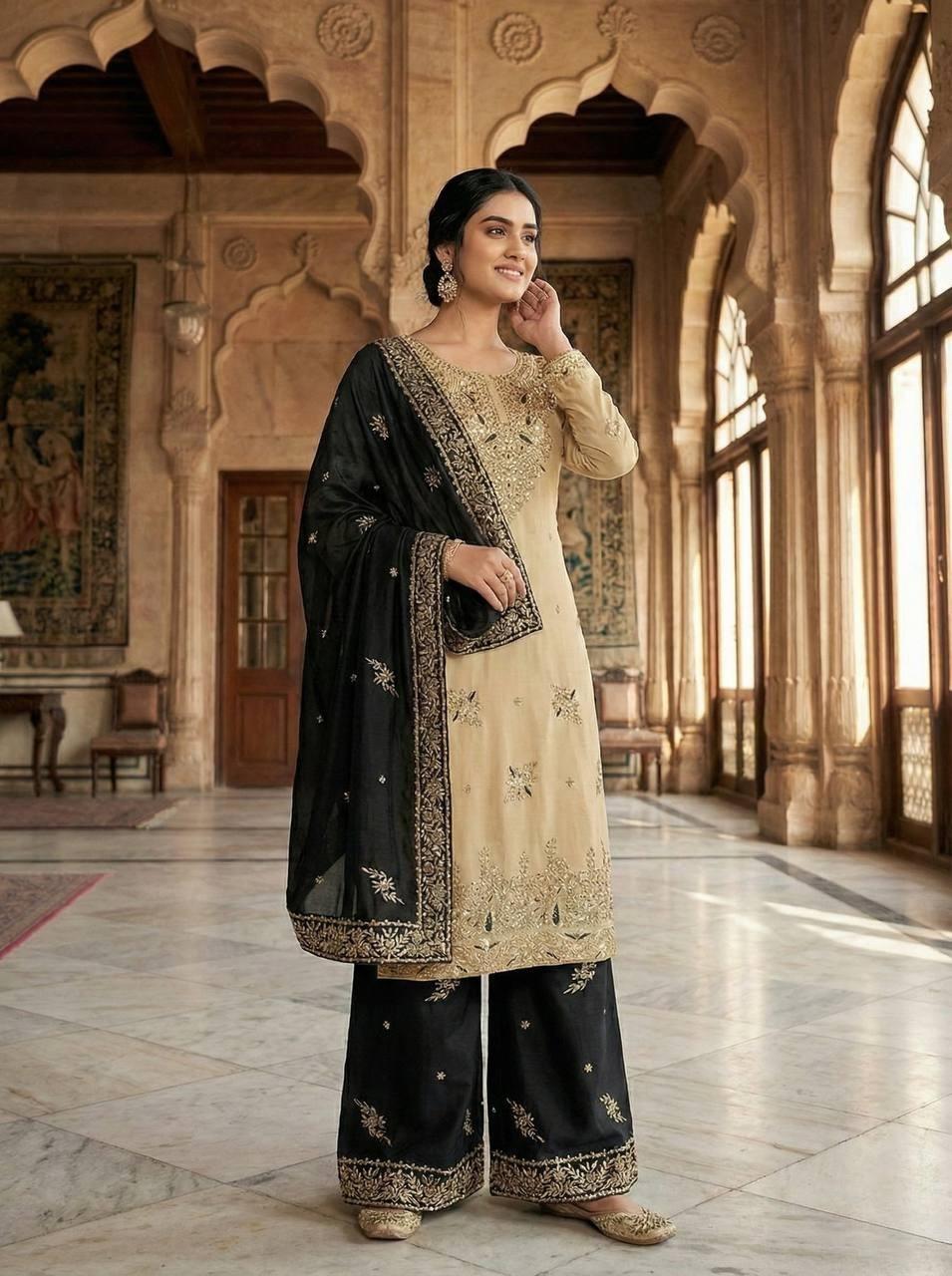 Designer Beige Silk Kurta & Black Palazzo Set With Dupatta With Embroidery Sequence