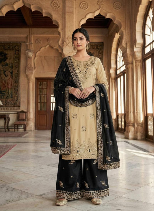 Designer Beige Silk Kurta & Black Palazzo Set With Dupatta With Embroidery Sequence
