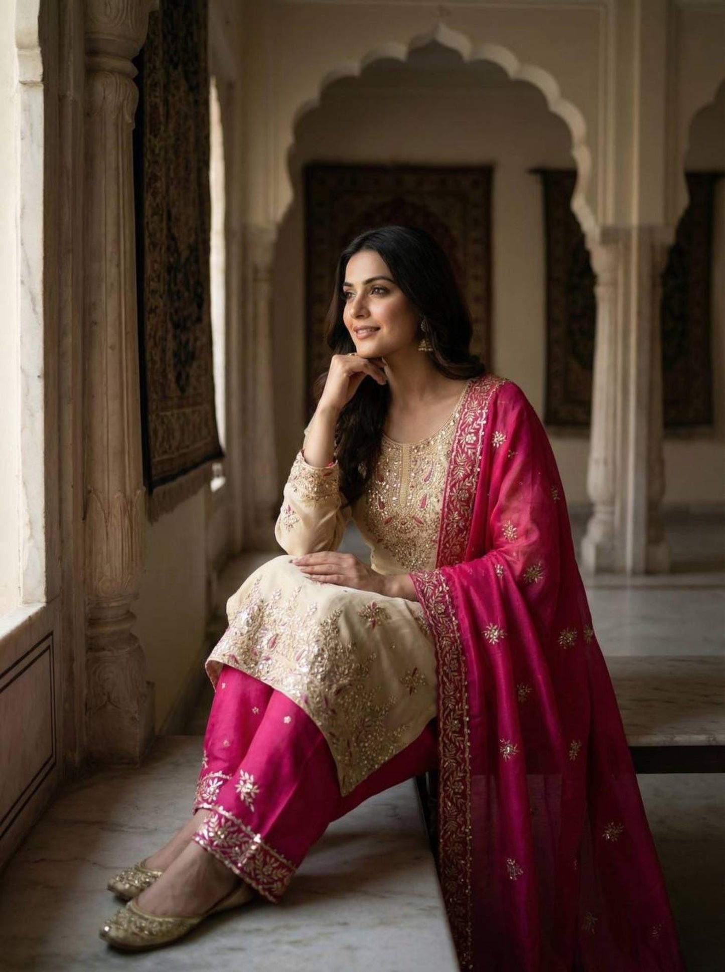 Designer Beige Silk Kurti & Pink Palazzo With Dupatta Set With Sequence Embroidery Work