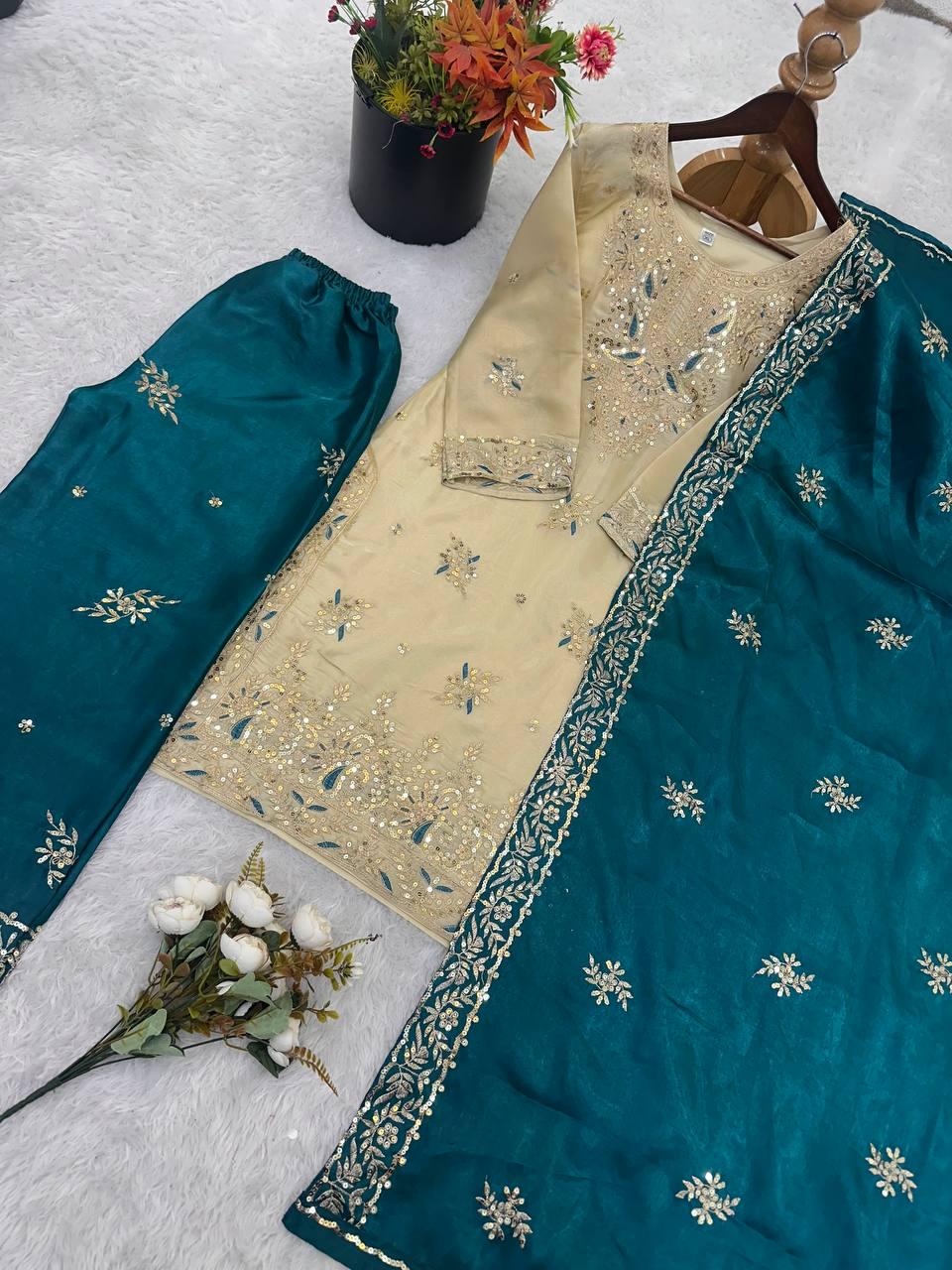 Designer Beige Kurti & Blue Palazzo Dupatta Set With Sequence Embroidery Work