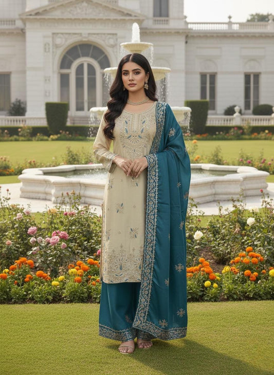 Designer Beige Kurti & Blue Palazzo Dupatta Set With Sequence Embroidery Work