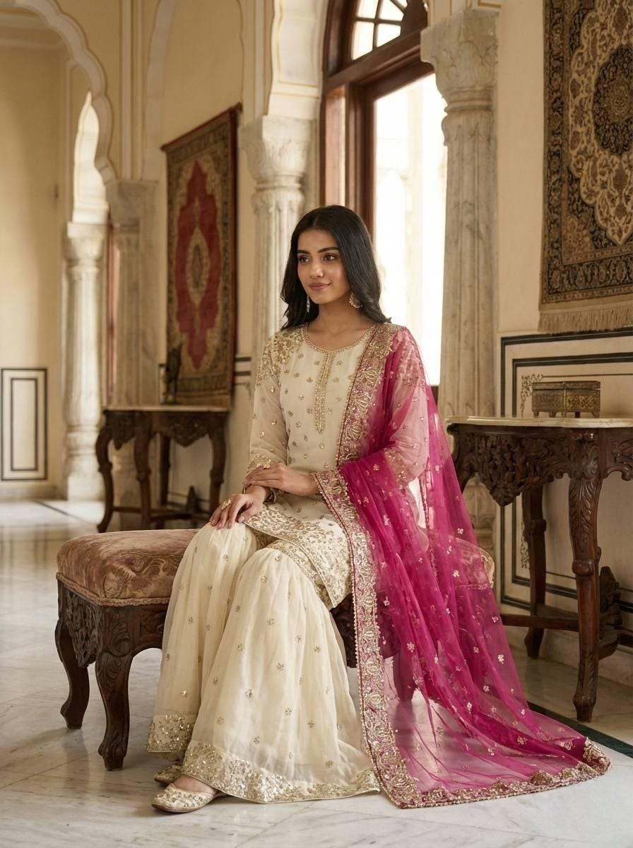 Premium White Kurti & Sharara Pink Dupatta Set With Heavy Sequence Embroidery Work Suit