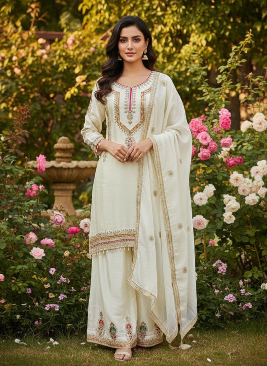 White Chinon Silk Embroidered Kurta Palazzo Set with Dupatta
