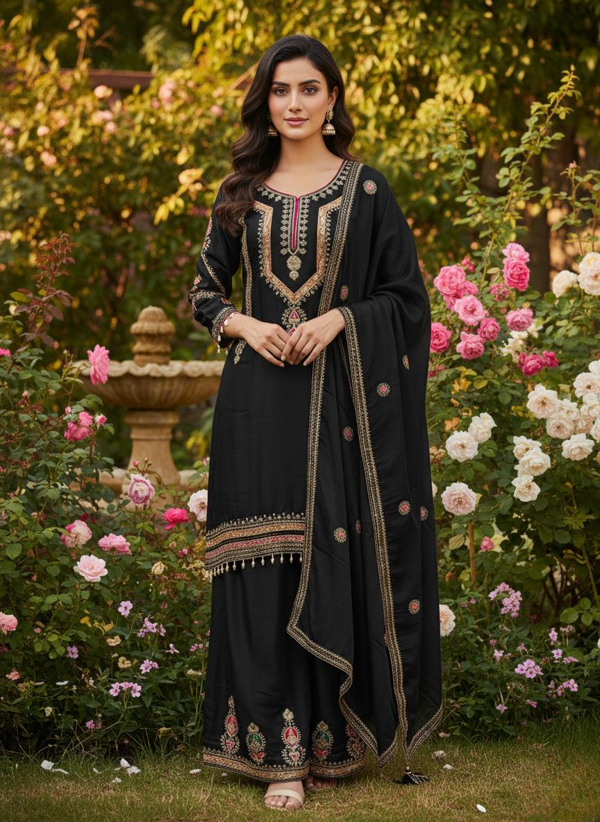 Ethnic Black Kurta Palazzo Set With Dupatta For Women - Gifts For Girls