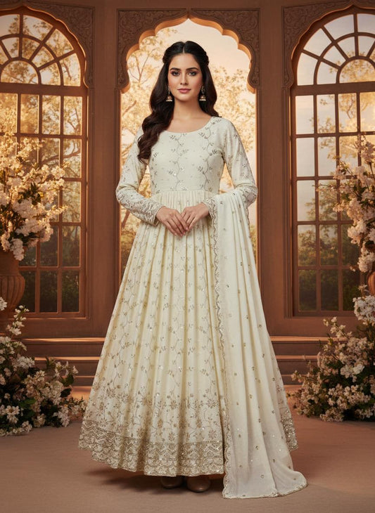 Designer Cream Floor-Length Anarkali Suit with Dupatta