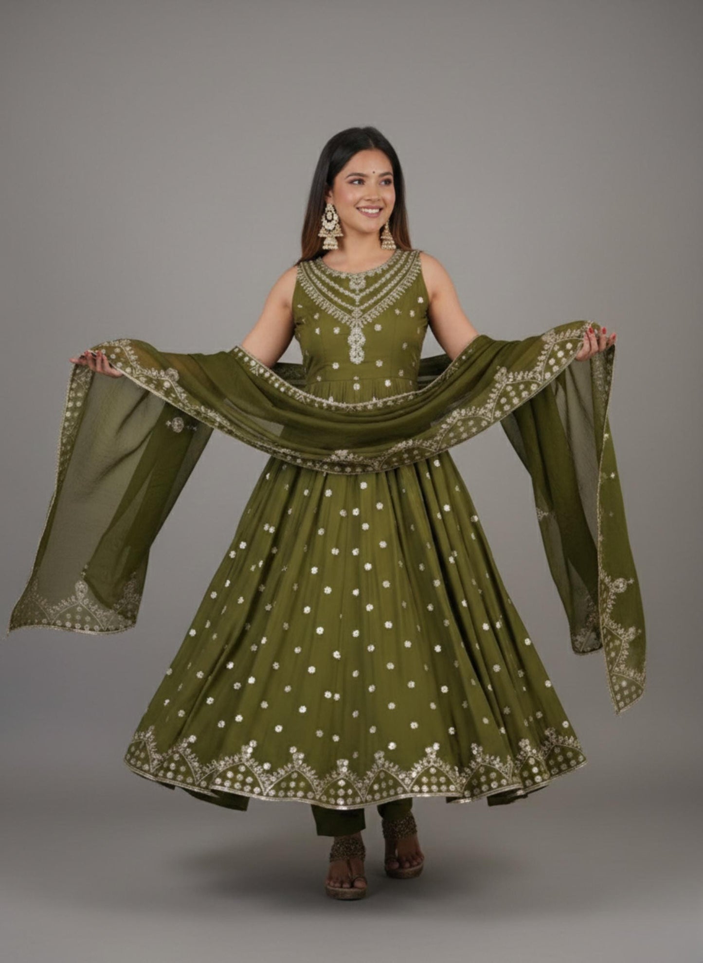 Designer Olive Green Sequence Work Anarkali Gown Set for Women