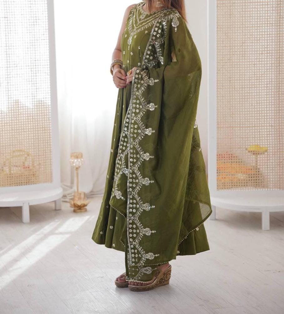 Designer Olive Green Sequence Work Anarkali Gown Set for Women
