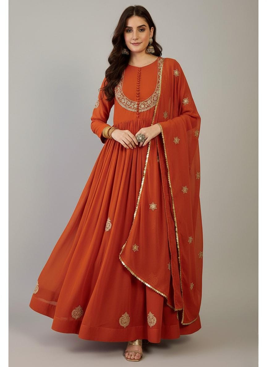 Designer Orange Embroidered Anarkali Suit with Dupatta for Festive Wear