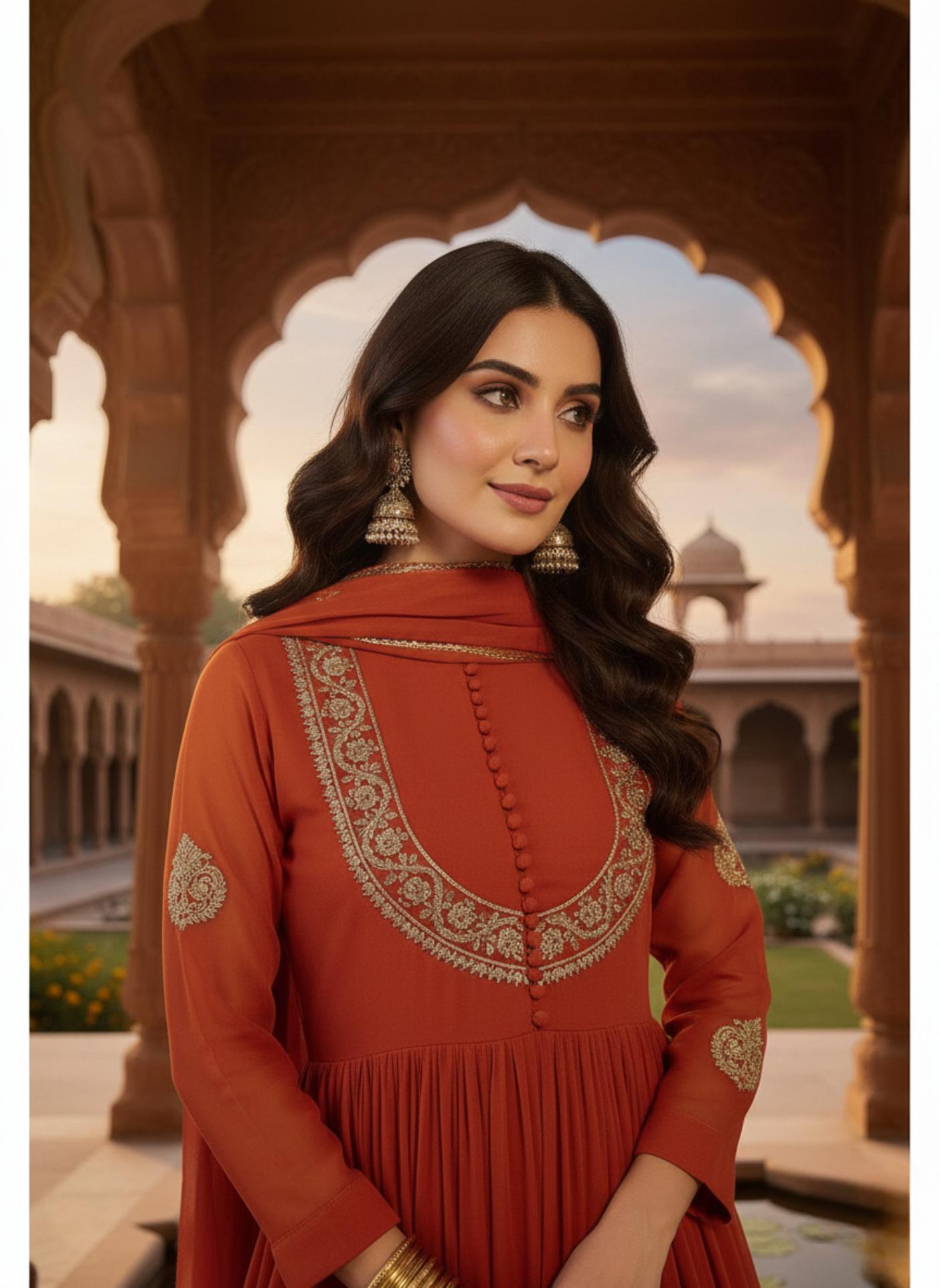Designer Orange Embroidered Anarkali Suit with Dupatta for Festive Wear