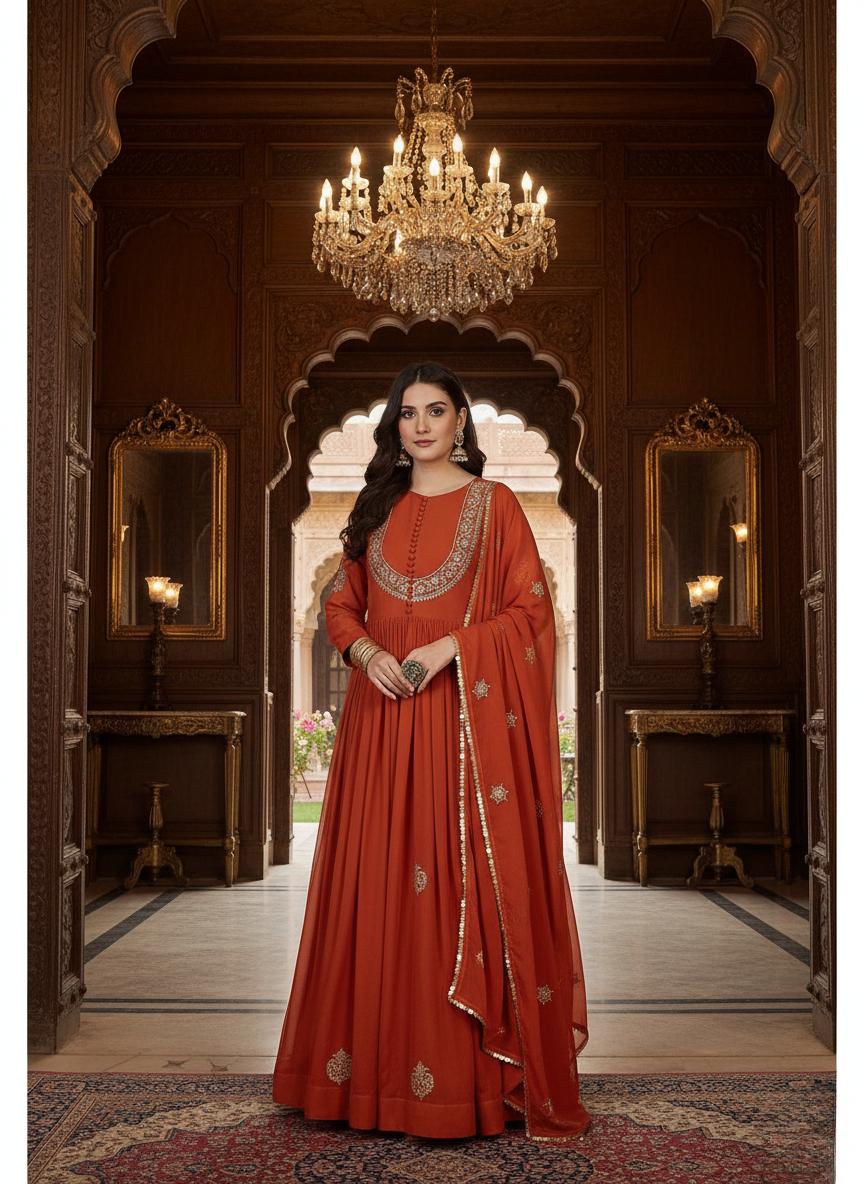 Designer Orange Embroidered Anarkali Suit with Dupatta for Festive Wear