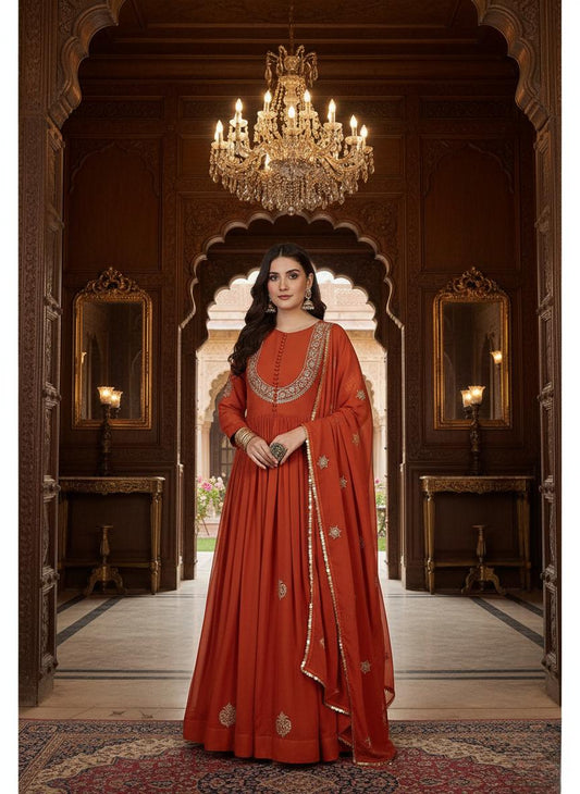 Designer Orange Embroidered Anarkali Suit with Dupatta for Festive Wear