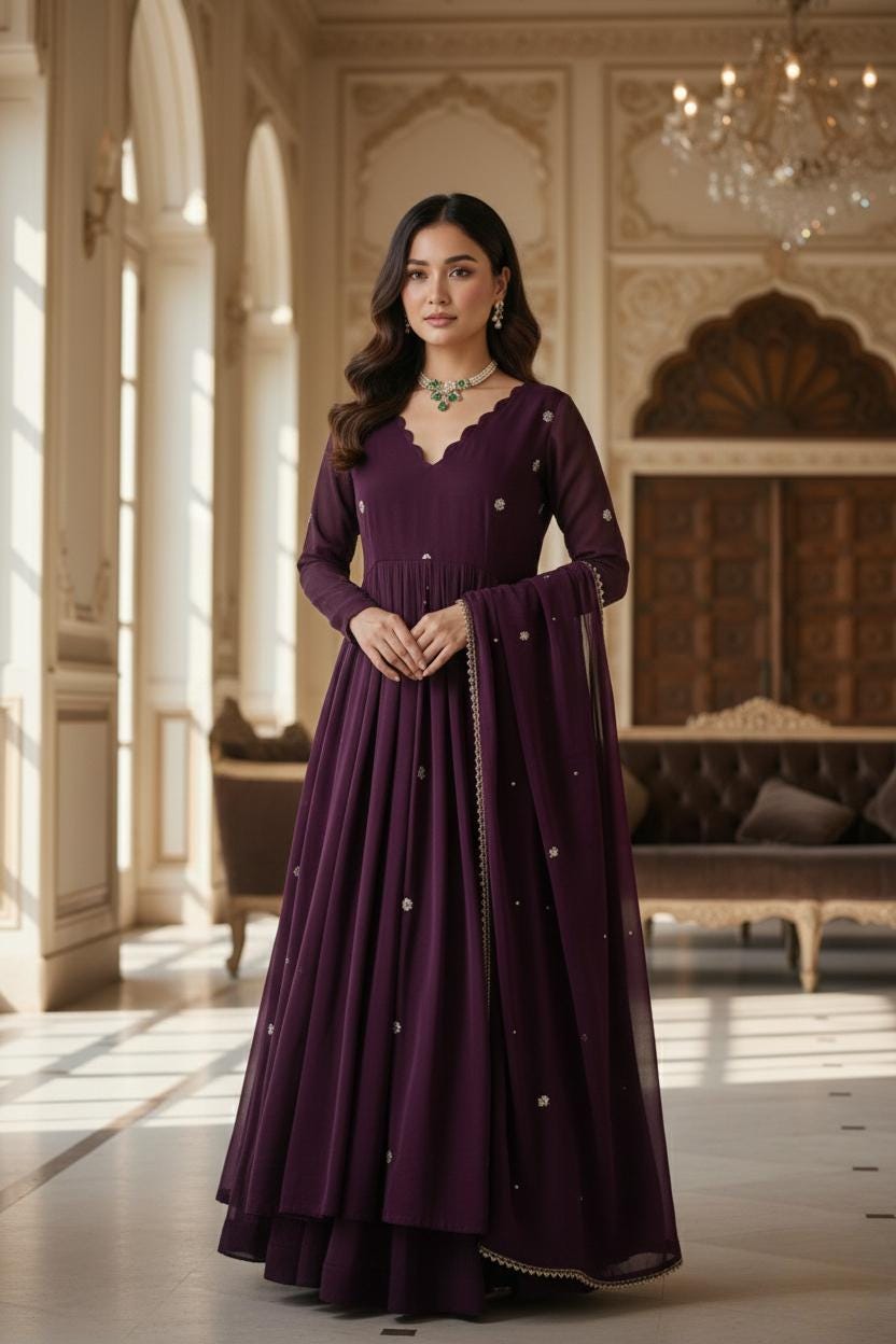Purple Embroidery Work Anarkali Three Piece Set For Women's