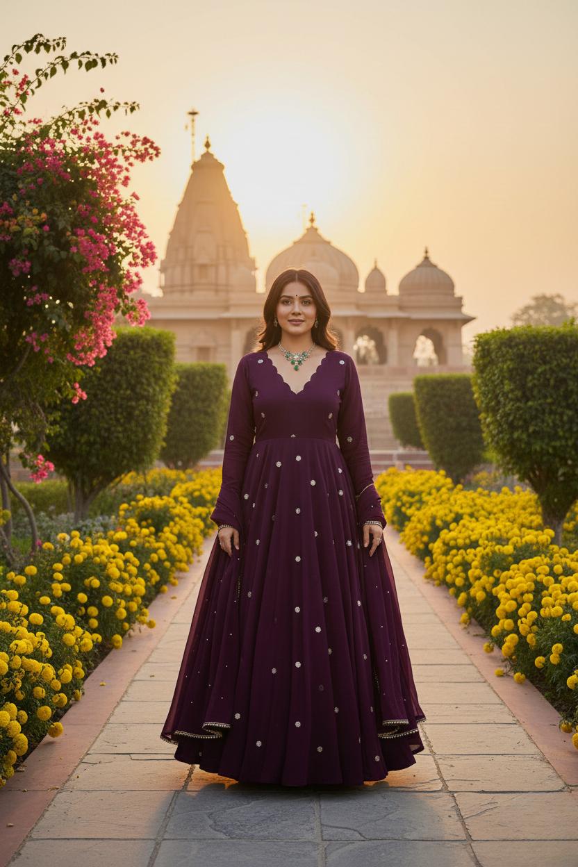 Purple Embroidery Work Anarkali Three Piece Set For Women's