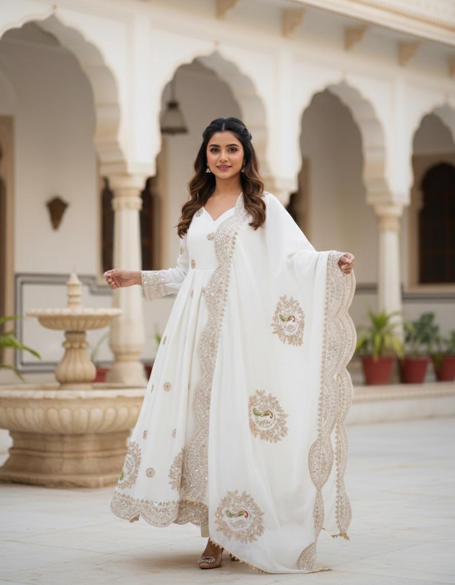 Luxurious White Anarkali Dress with Intricate Thread Embroidery