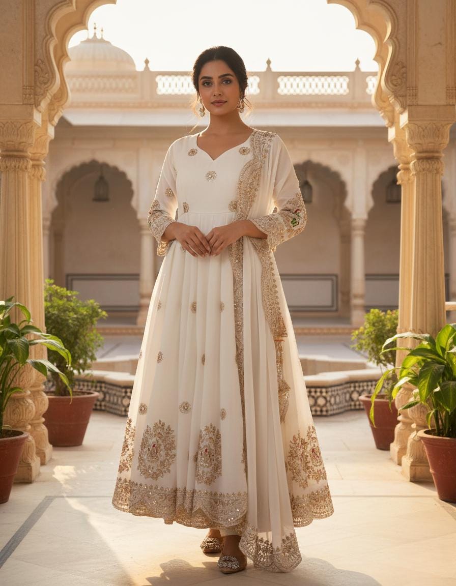 Luxurious White Anarkali Dress with Intricate Thread Embroidery