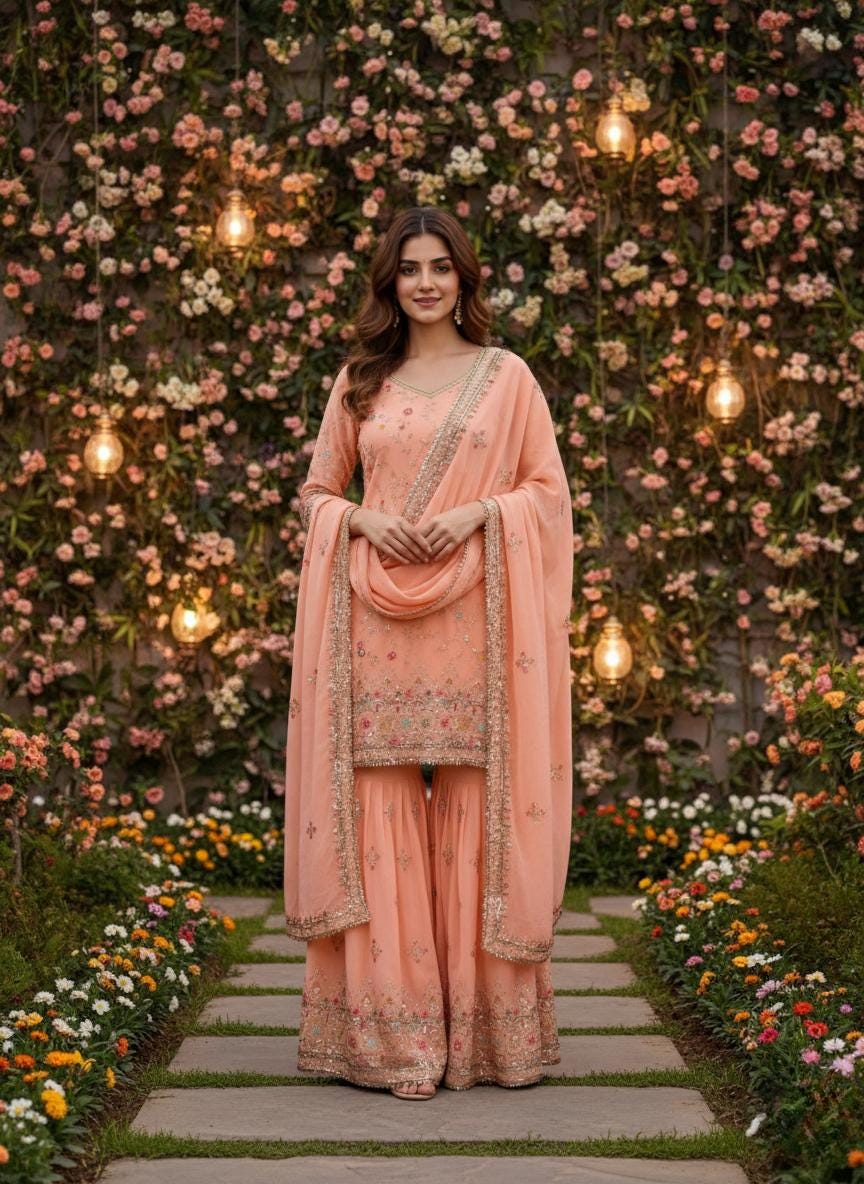 Pakistani Style Peach Kurti Sharara Set with Zari Embroidery