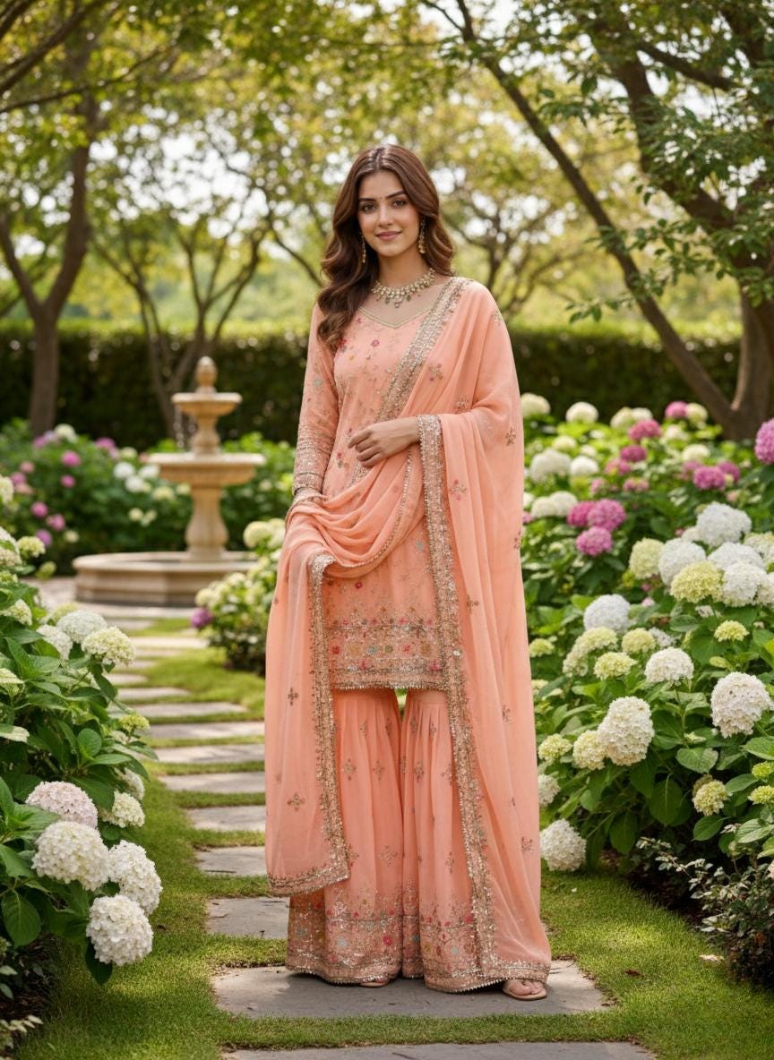 Pakistani Style Peach Kurti Sharara Set with Zari Embroidery
