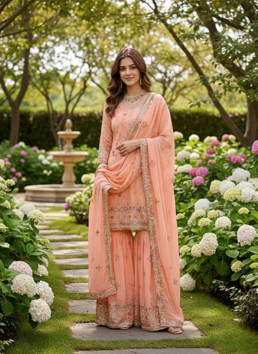 Pakistani Style Peach Kurti Sharara Set with Zari Embroidery
