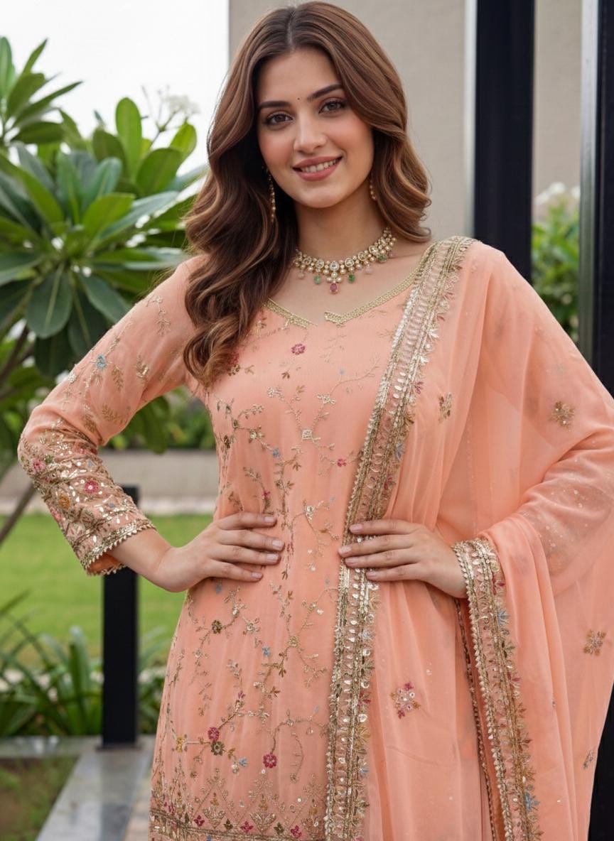 Pakistani Style Peach Kurti Sharara Set with Zari Embroidery