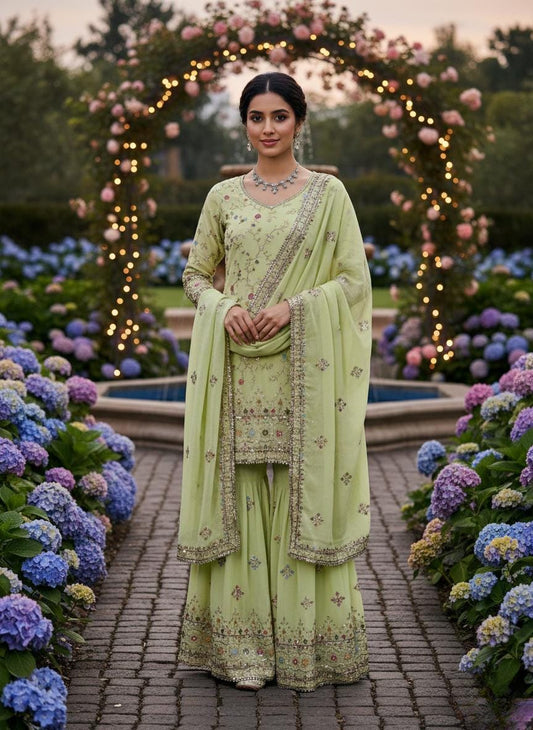 Faux Georgette Pista Green Pakistani Kurti Sharara Set with Dupatta with Embroidery Work