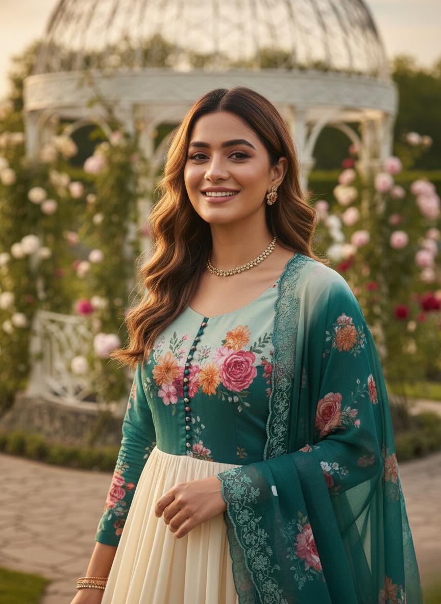Teal Green Floral Printed Anarkali Suit with Dupatta & Pant | Festive Wear Gown