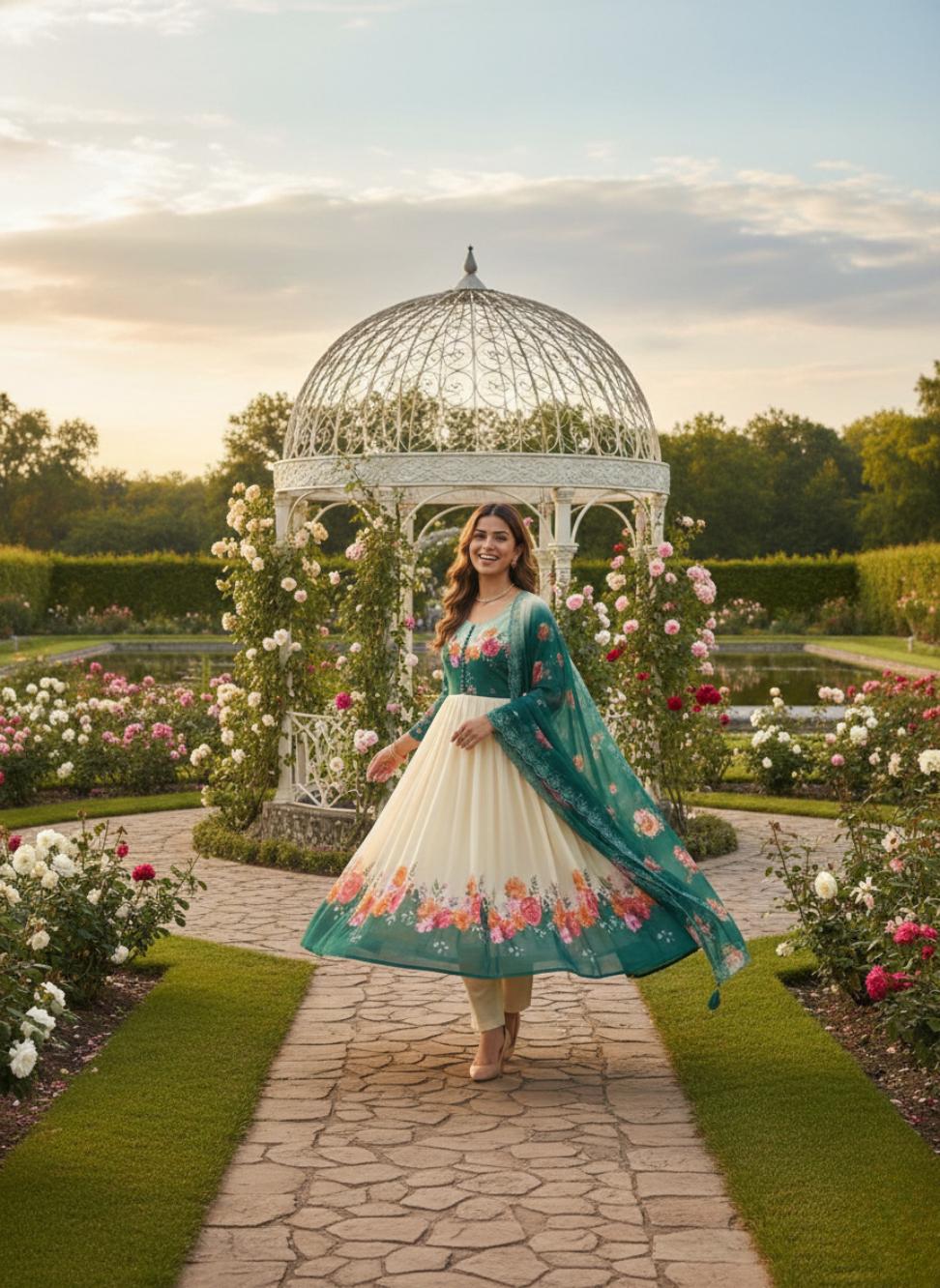 Teal Green Floral Printed Anarkali Suit with Dupatta & Pant | Festive Wear Gown