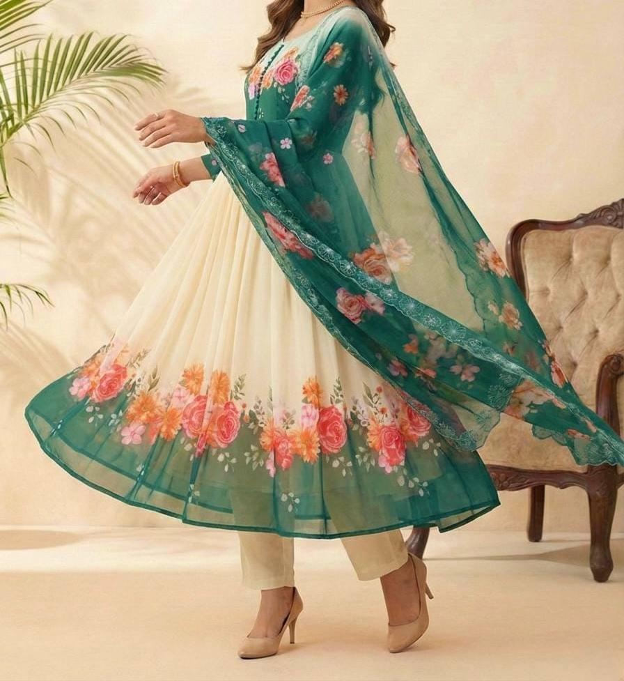 Teal Green Floral Printed Anarkali Suit with Dupatta & Pant | Festive Wear Gown
