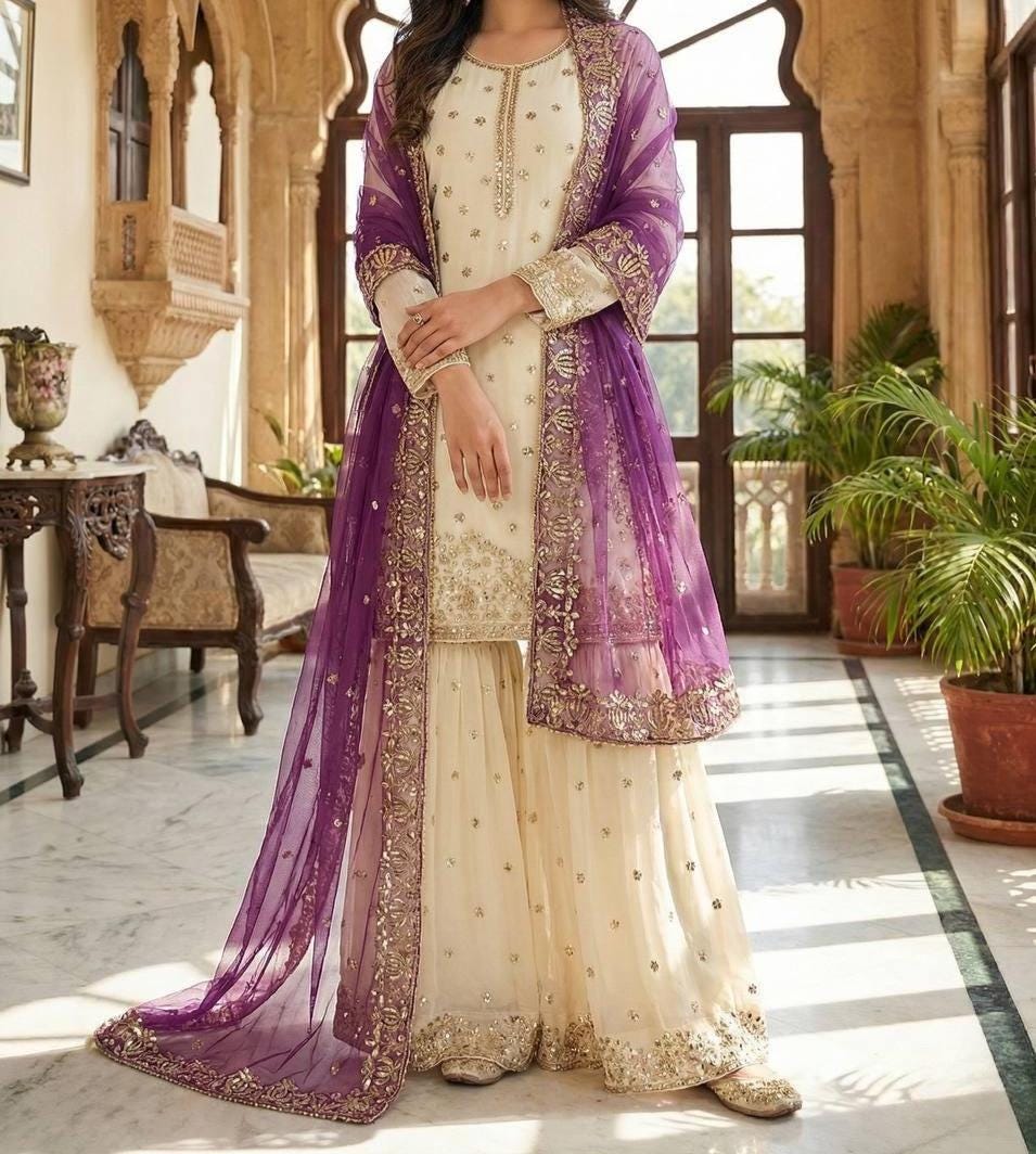 Pure Fendy Silk With Heavy Sequence Embroidery Work Sharara Suit For Women - 3 Piece Set With Dupatta