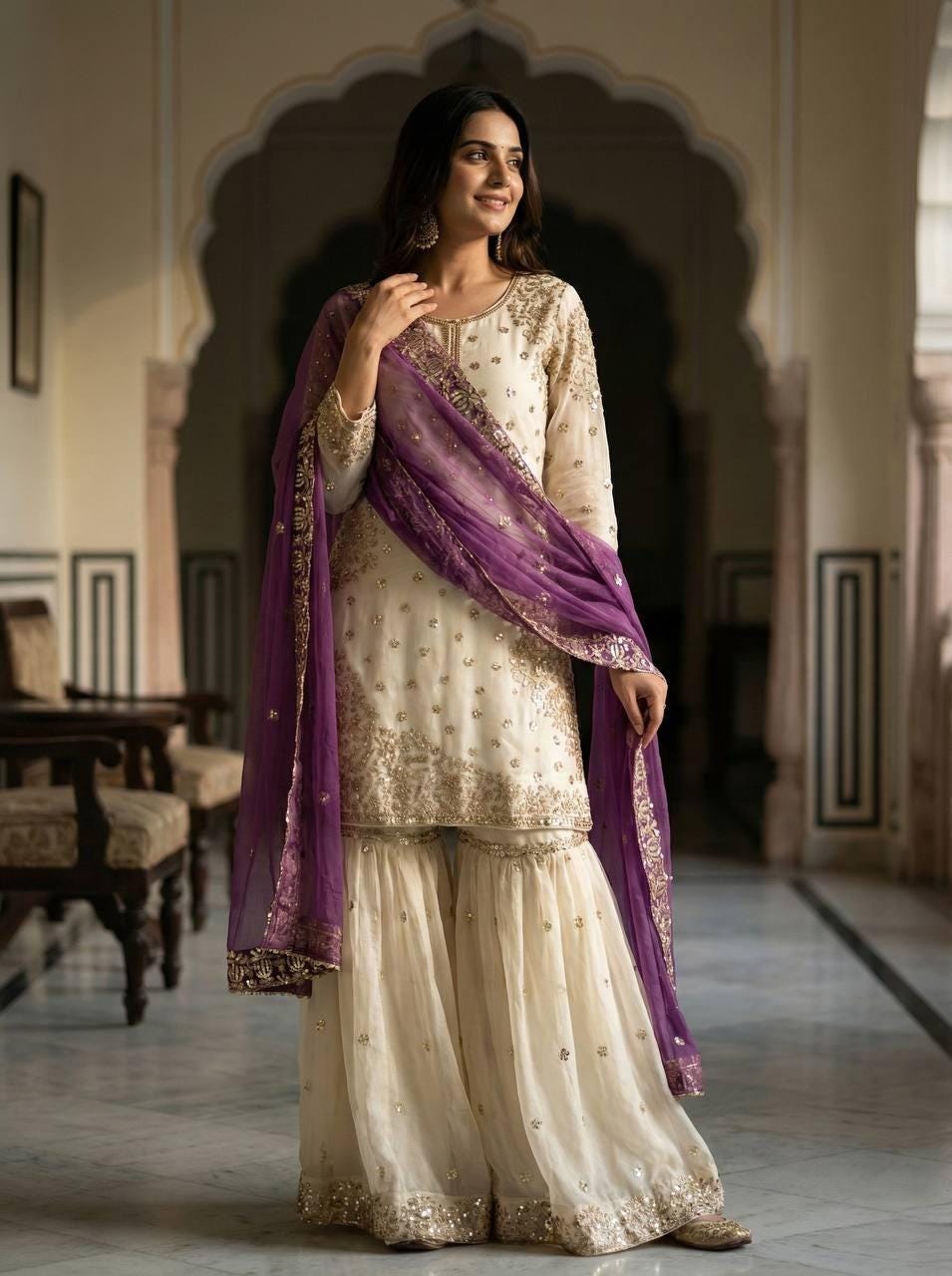 Pure Fendy Silk With Heavy Sequence Embroidery Work Sharara Suit For Women - 3 Piece Set With Dupatta