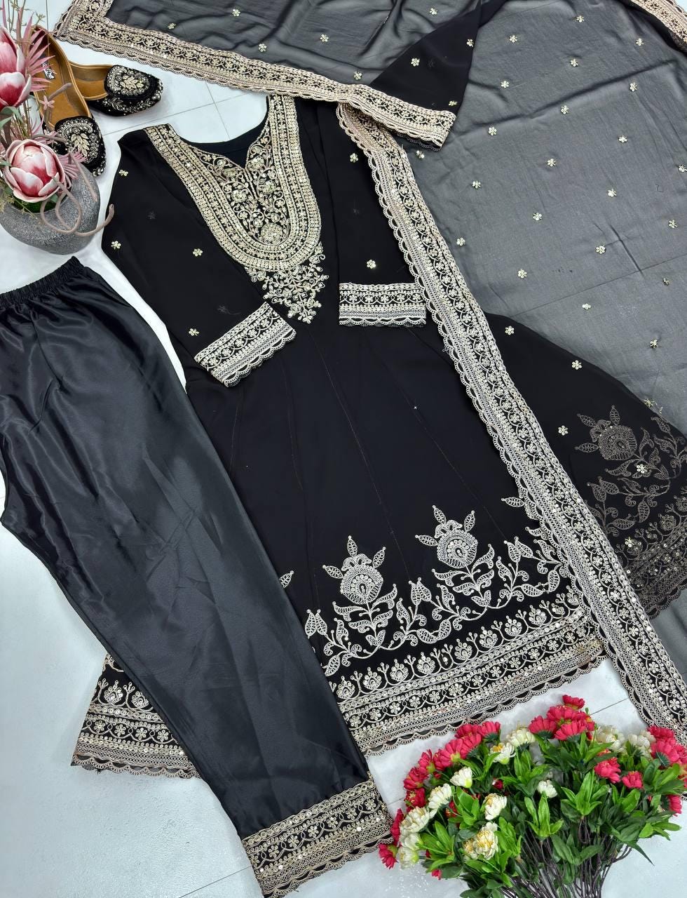 Designer Black Faux Georgette Salwar Kameez For Women's - Sequence Embroidery Work