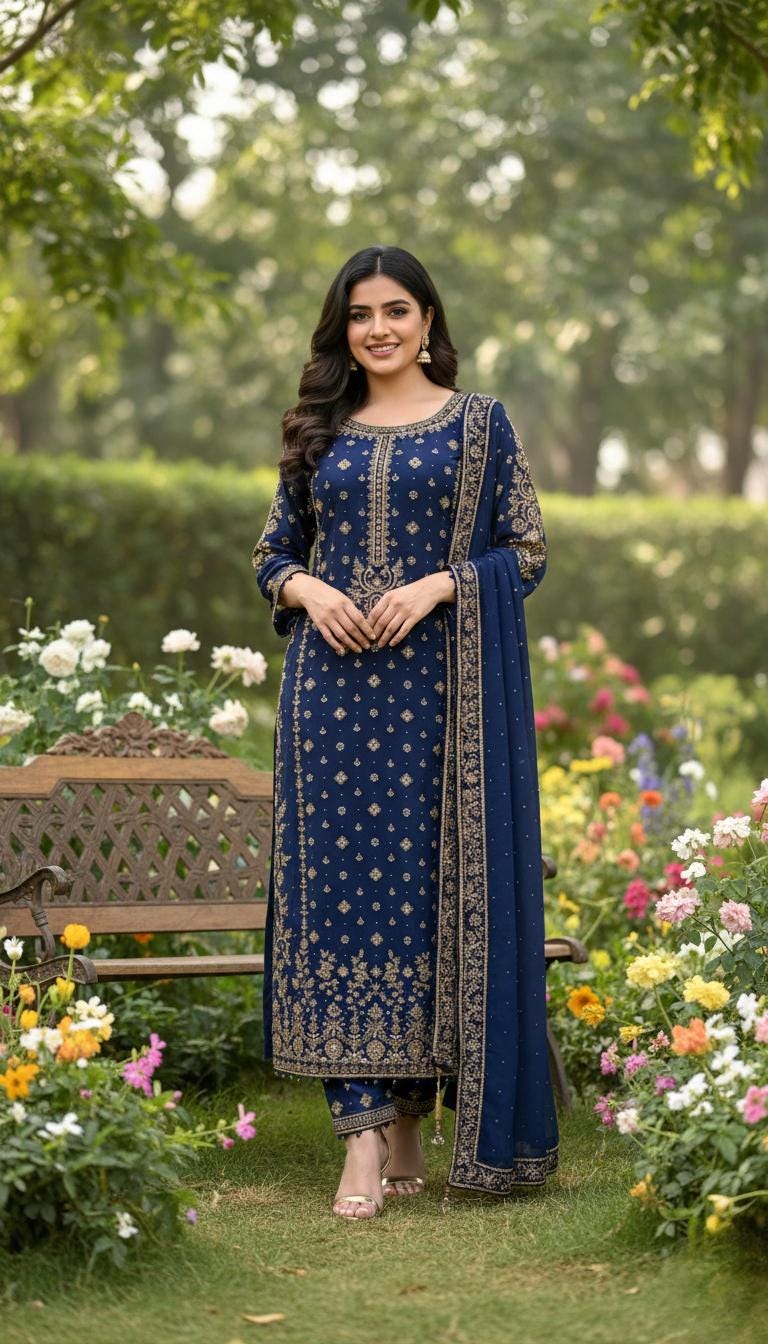 Dark Blue Pakistani Kurti Palazzo Suit Set | Sequence Embroidery Work