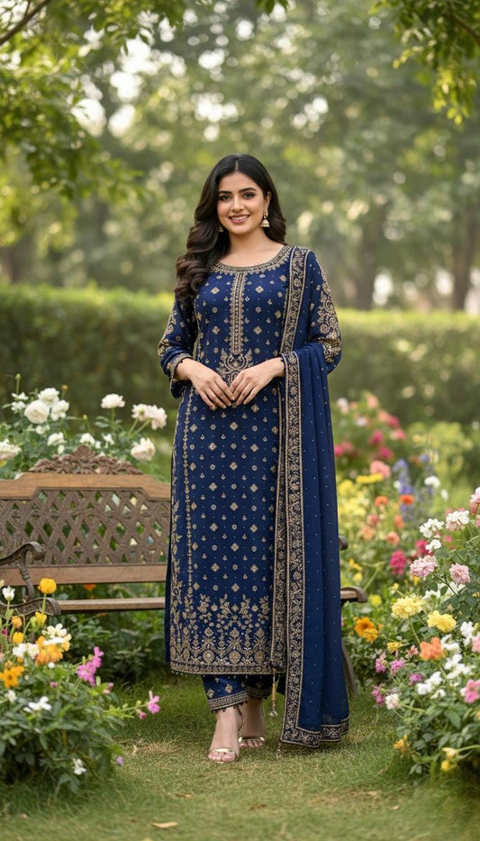 Dark Blue Pakistani Kurti Palazzo Suit Set | Sequence Embroidery Work