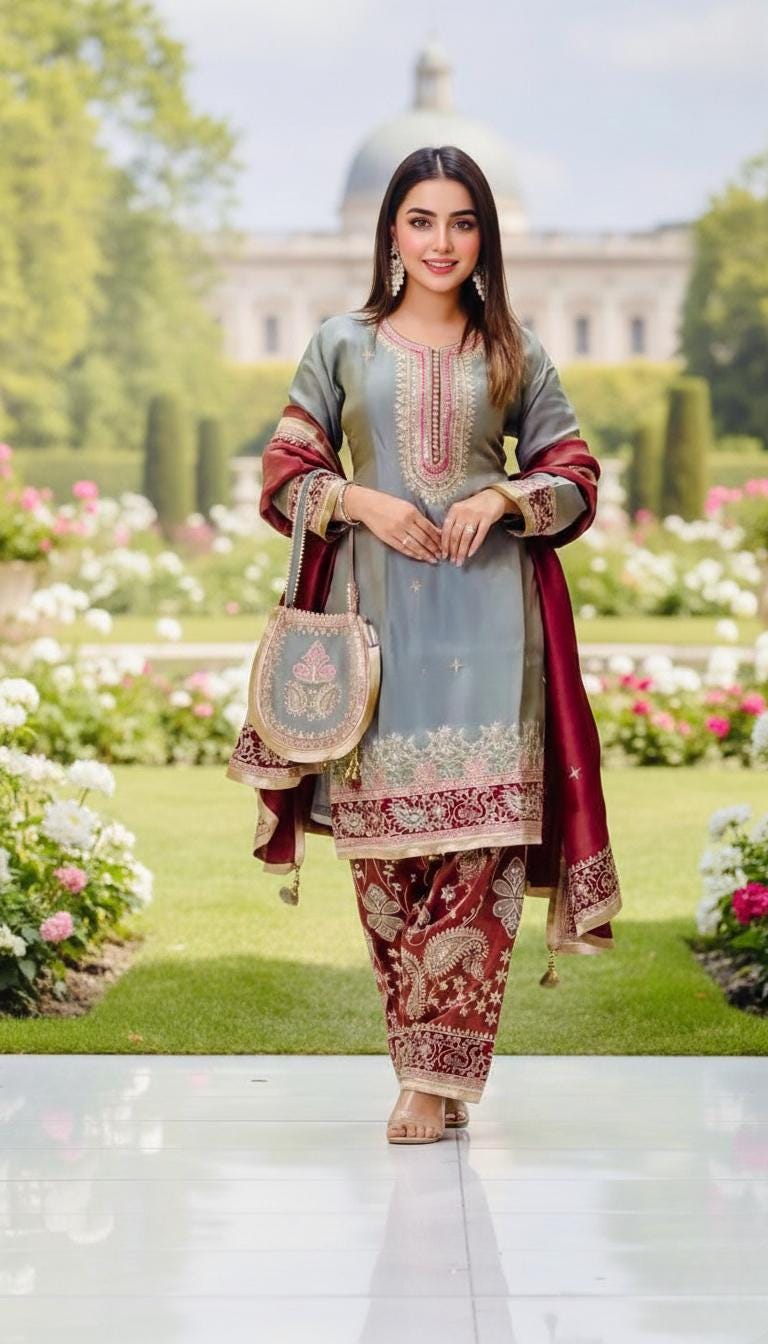 Blue Silk Embroidered Kurta Palazzo Dupatta Set – Pakistani Wedding Dress