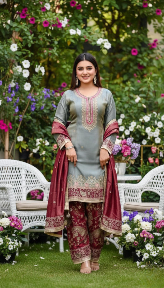 Blue Silk Embroidered Kurta Palazzo Dupatta Set – Pakistani Wedding Dress