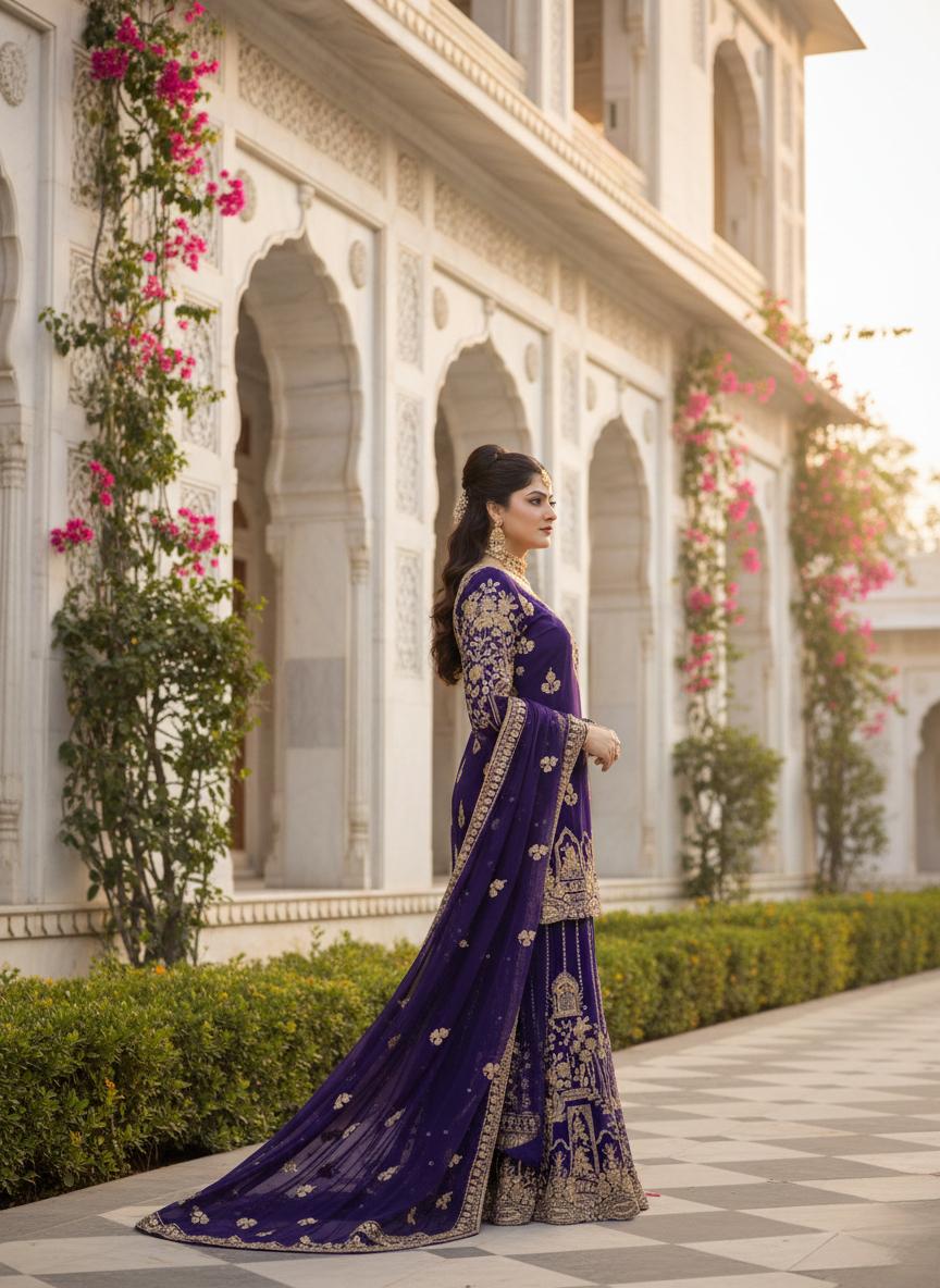 Designer Purple Georgette Palazzo Style Dress With Heavy Embroidery Work